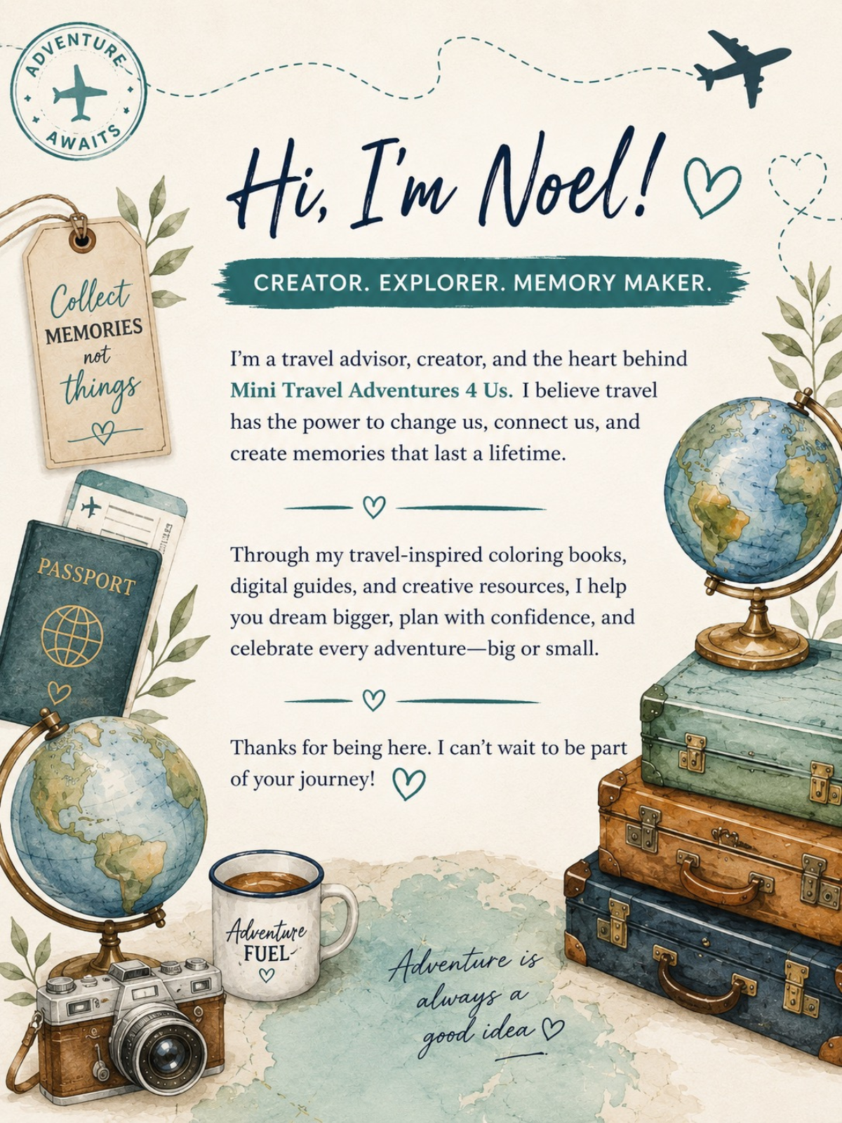 Created by Noel | Mini Travel Adventures 4 Us Travel-inspired creator graphic for Noel Chapman, founder of Mini Travel Adventures 4 Us featuring coloring books, digital guides, and creative travel resources.<br />
