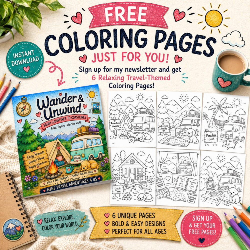 GET 6 FREE TRAVEL COLORING PAGES