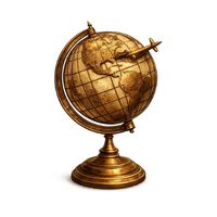 Vintage gold globe with airplane icon representing travel guides, destinations, and adventure inspiration.<br />
