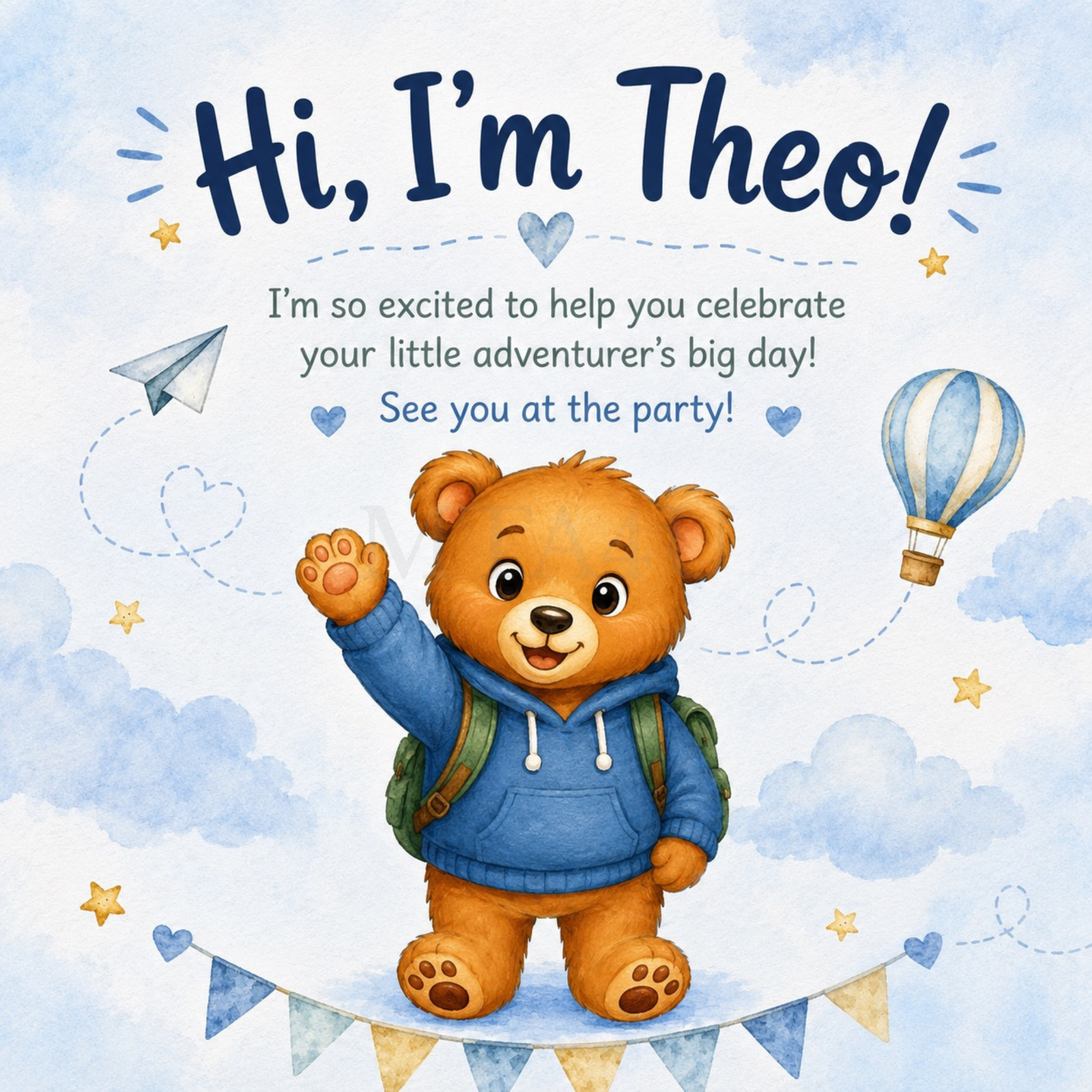 Meet Theo Travel Bear Birthday Invitation - Mini Travel Adventures 4 Us Cute watercolor teddy bear named Theo with travel adventure birthday theme.
