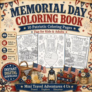 Square featured image for Memorial Day Coloring Book showing Happy Memorial Day, Home of the Brave, and United We Stand patriotic coloring pages for kids and adults.