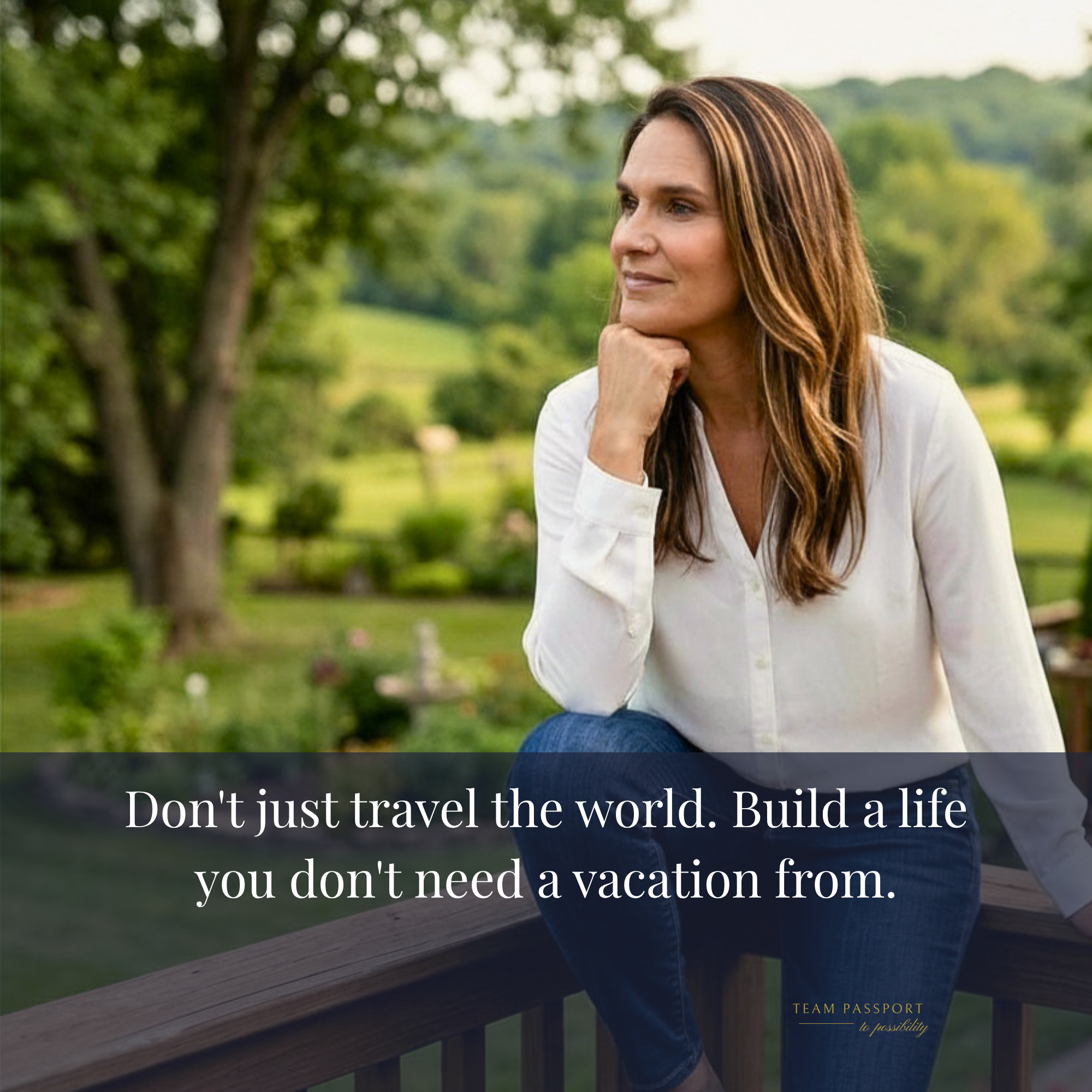 Inspirational travel business lifestyle quote featuring Noel Chapman overlooking a peaceful landscape.