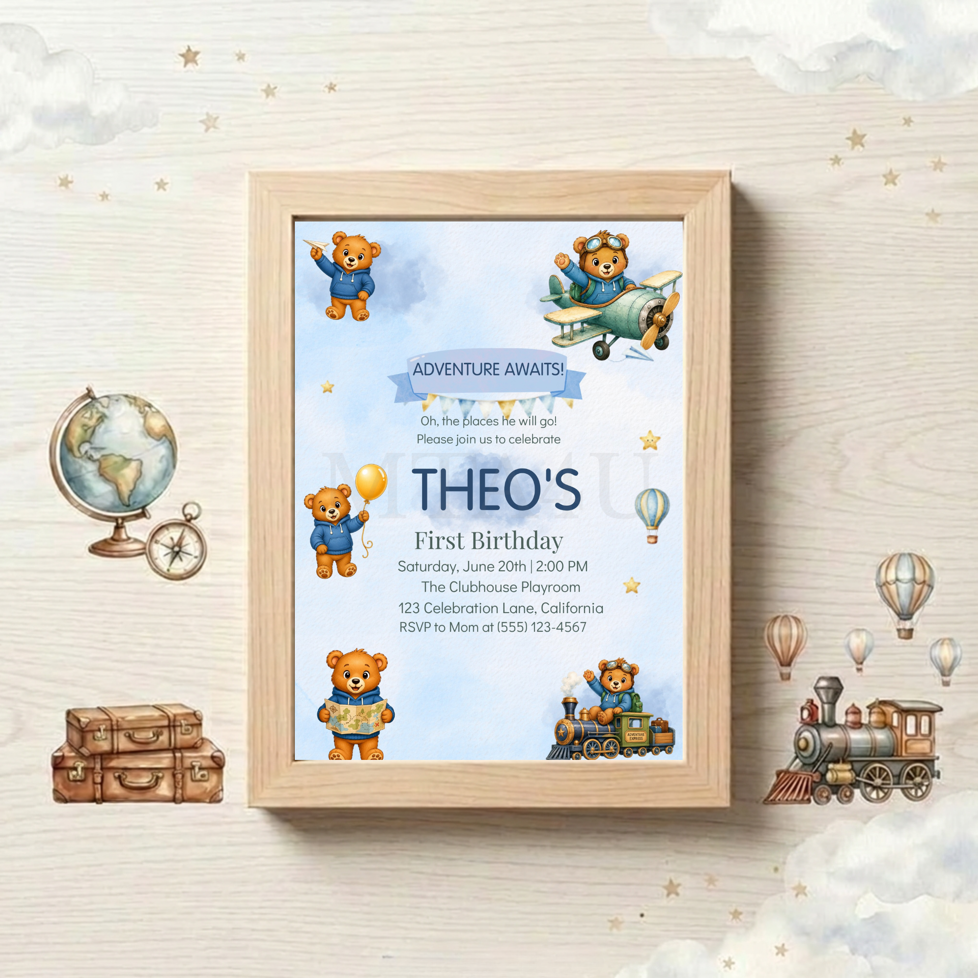 Theo Birthday Invitation Wall Frame Mockup - Mini Travel Adventures 4 Us Framed teddy bear adventure birthday invitation nursery mockup.