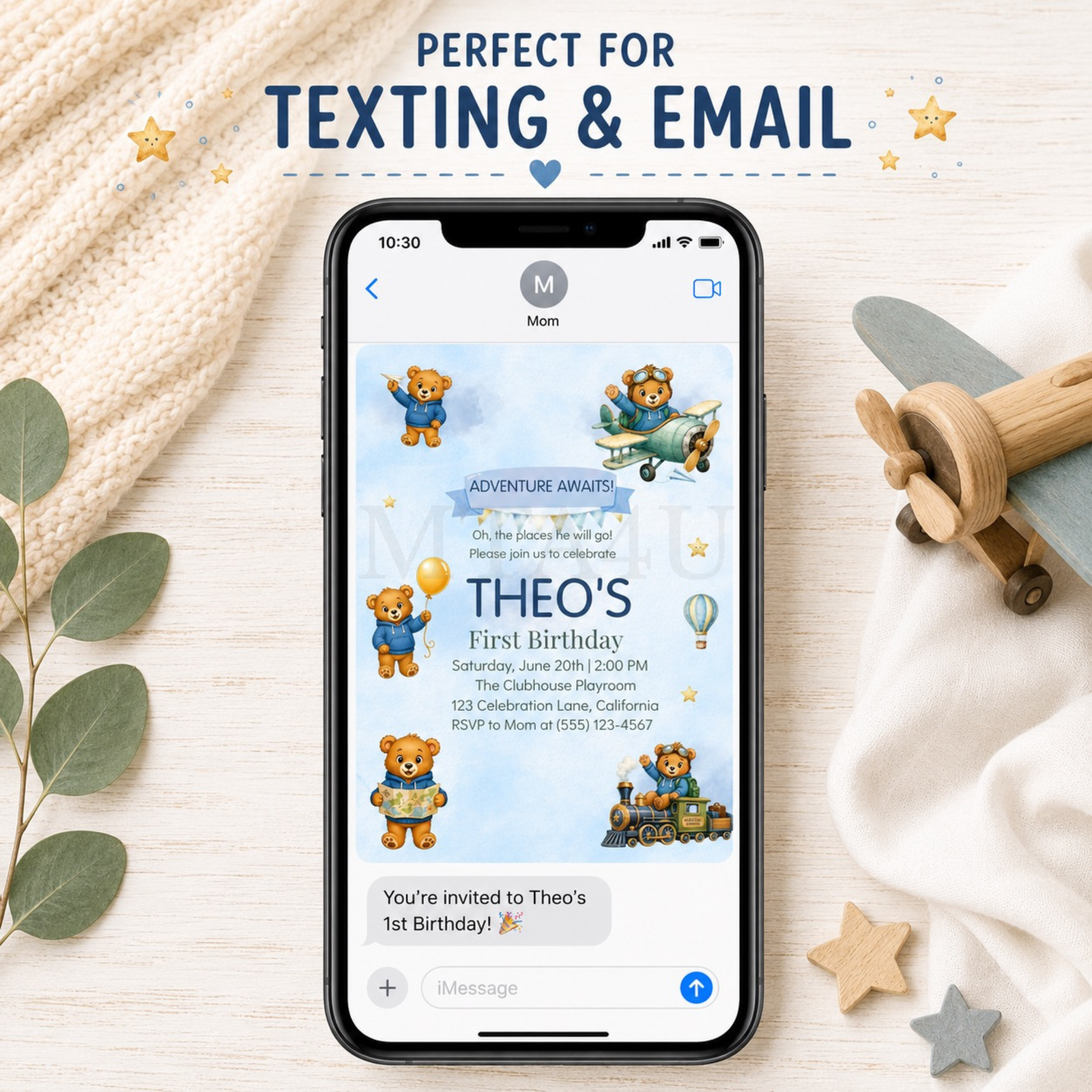 Theo Birthday Invitation Text Message Mockup - Mini Travel Adventures 4 Us Mobile phone mockup showing Theo birthday invitation sent by text message.