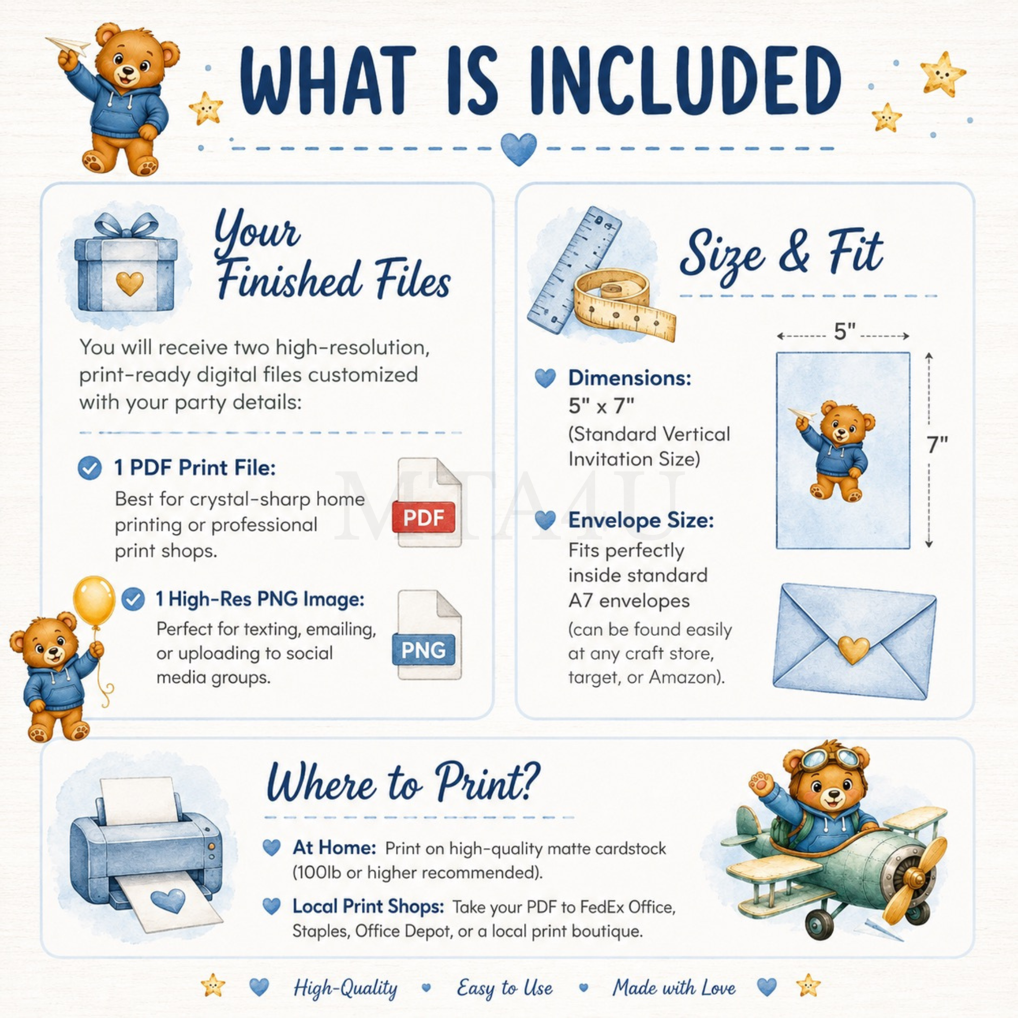 What Is Included Theo Birthday Invitation - Mini Travel Adventures 4 Us Product details graphic showing what is included with Theo birthday invitation purchase.