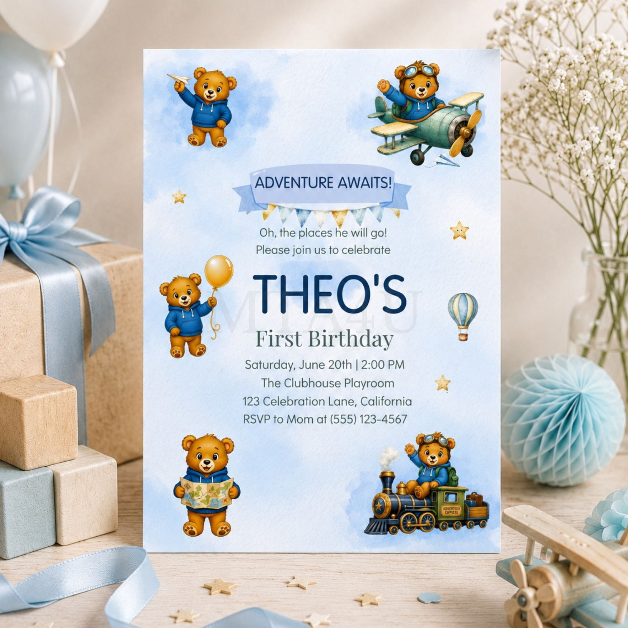 - Mini Travel Adventures 4 Us Mockup of a personalized Theo the Bear travel-themed first birthday invitation displayed on a light wood tabletop with soft blue party decorations, gift boxes, ribbon, star confetti, balloons, and a vintage toy airplane. The watercolor invitation features teddy bears, travel elements, and powder blue accents in a charming adventure-themed birthday design.