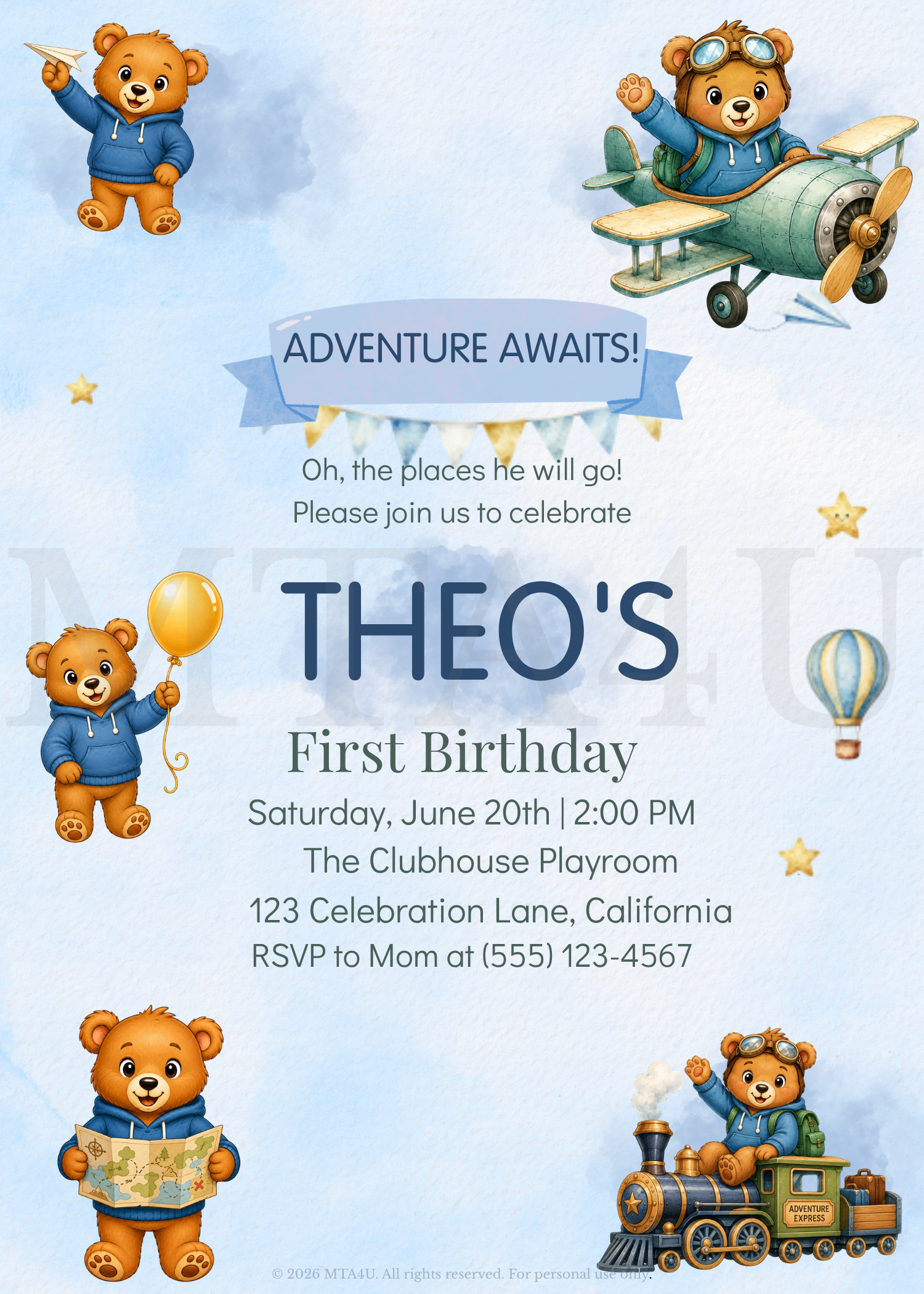 Theo Adventure Awaits First Birthday Invitation - Mini Travel Adventures 4 Us Adventure-themed teddy bear first birthday invitation with watercolor travel illustrations and blue vintage style design.