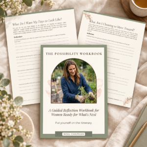 Possibility Workbook Garden Flat Lay - Mini Travel Adventures 4 Us Mockup of The Possibility Workbook by Noel Chapman featuring the cover and two interior reflection pages for women 40+.