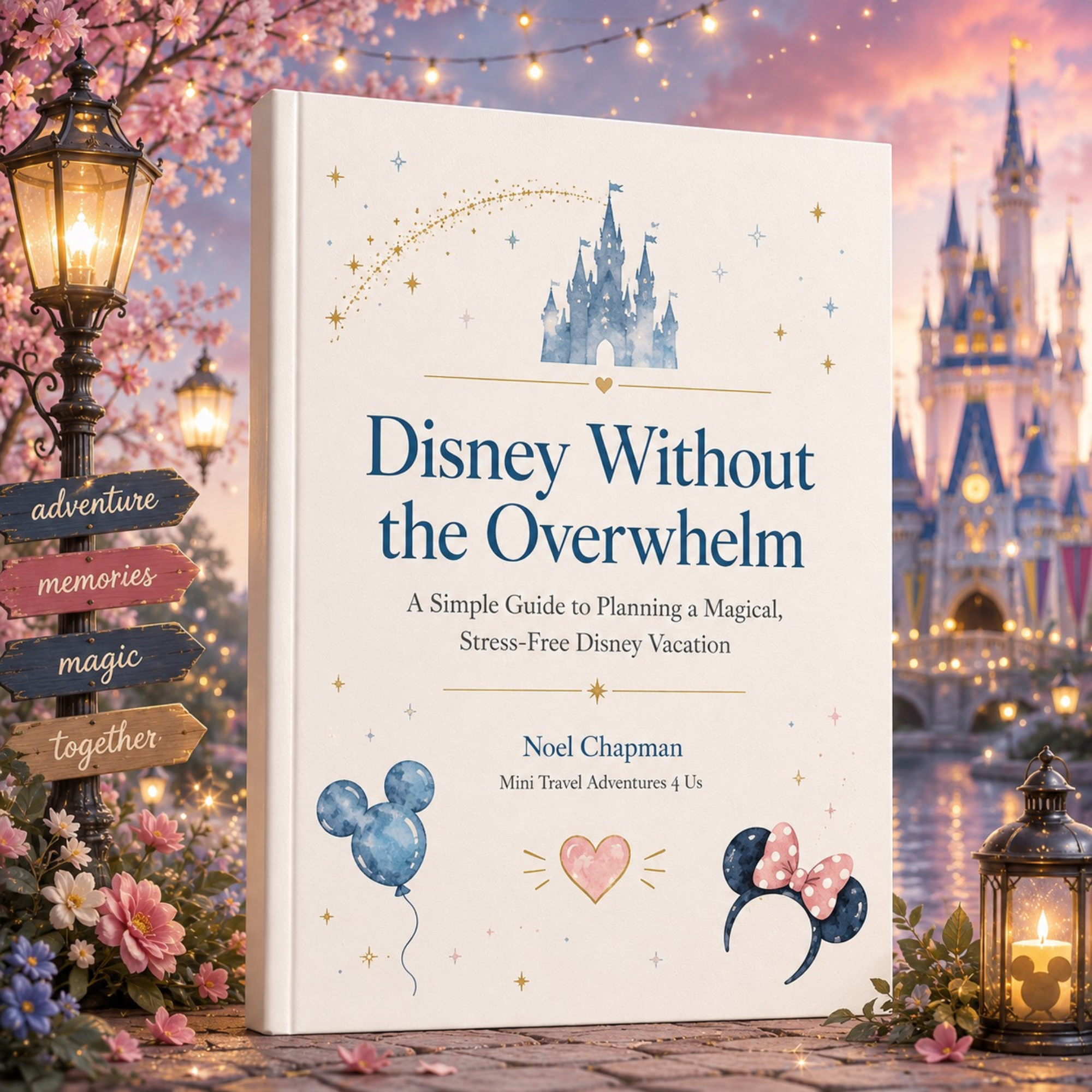Disney Without the Overwhelm Guide Book Mockup with Castle and Lanterns - Mini Travel Adventures 4 Us Disney Without the Overwhelm