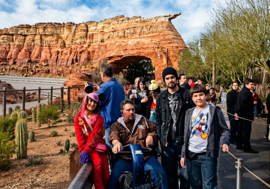 Family waiting in the Radiator Springs Racers queue at Disneyland with a mobility scooter