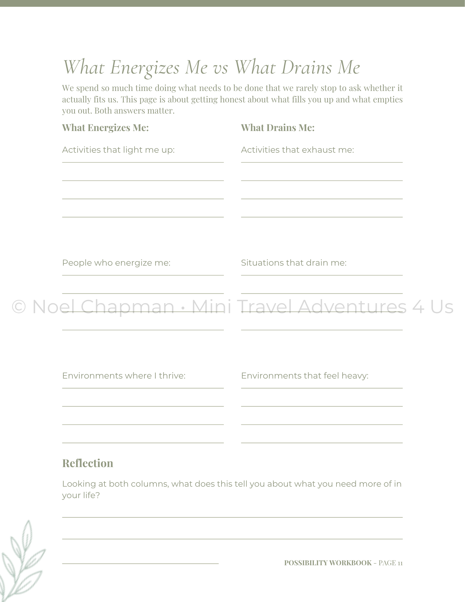 What Energizes Me vs What Drains Me | The Possibility Workbook - Mini Travel Adventures 4 Us Personal growth workbook page helping women identify activities, people, and environments that energize or drain them.