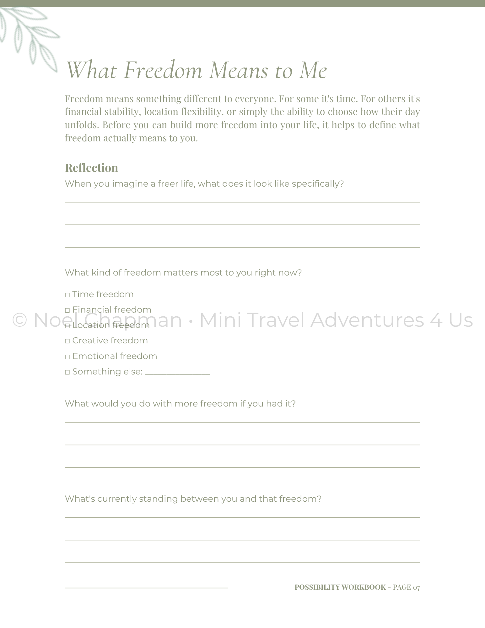 What Freedom Means to Me | The Possibility Workbookn-page - Mini Travel Adventures 4 Us Reflection page from The Possibility Workbook helping women define what freedom means to them through guided journal prompts.