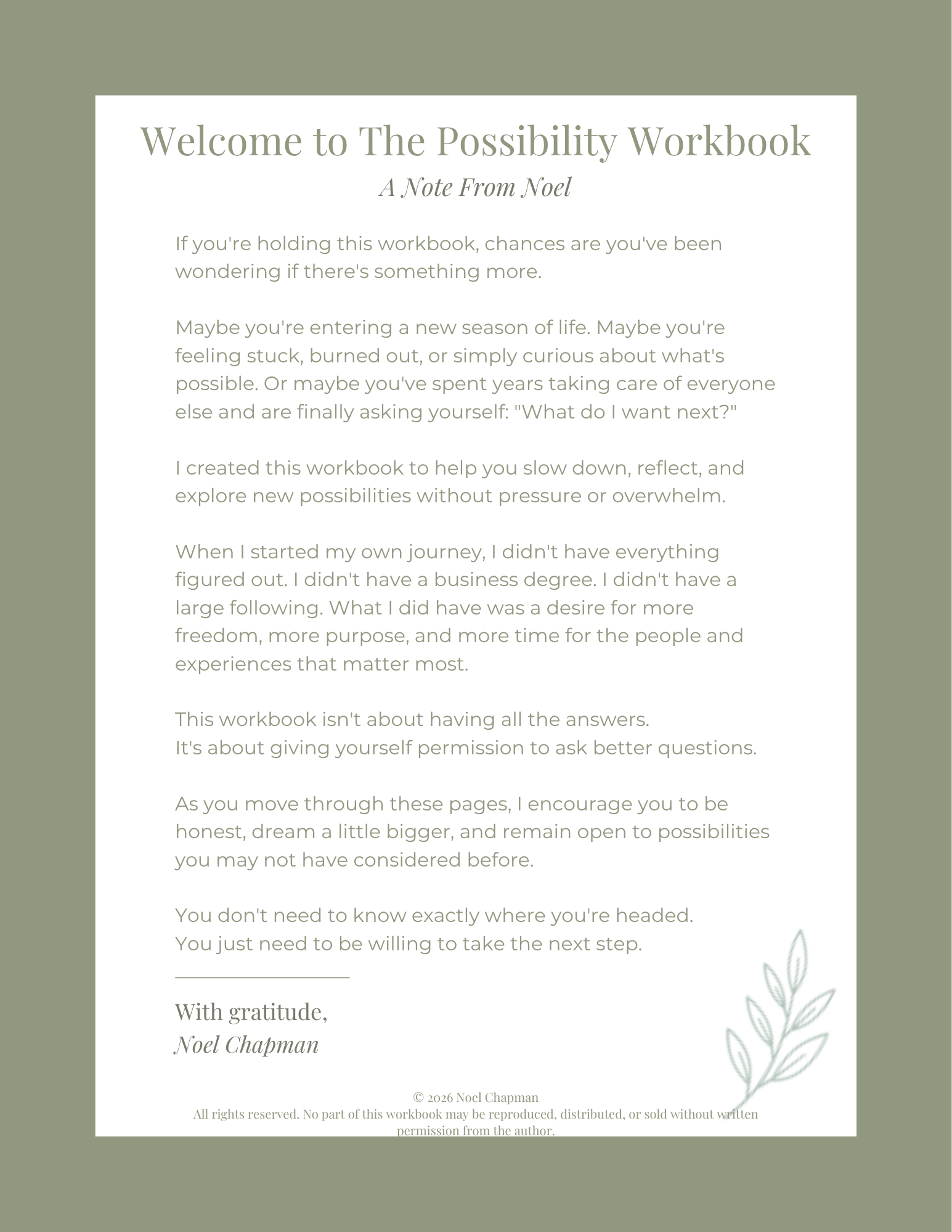Welcome Letter | The Possibility Workbook - Mini Travel Adventures 4 Us Welcome letter page from The Possibility Workbook introducing women to a journey of reflection, growth, and new possibilities.