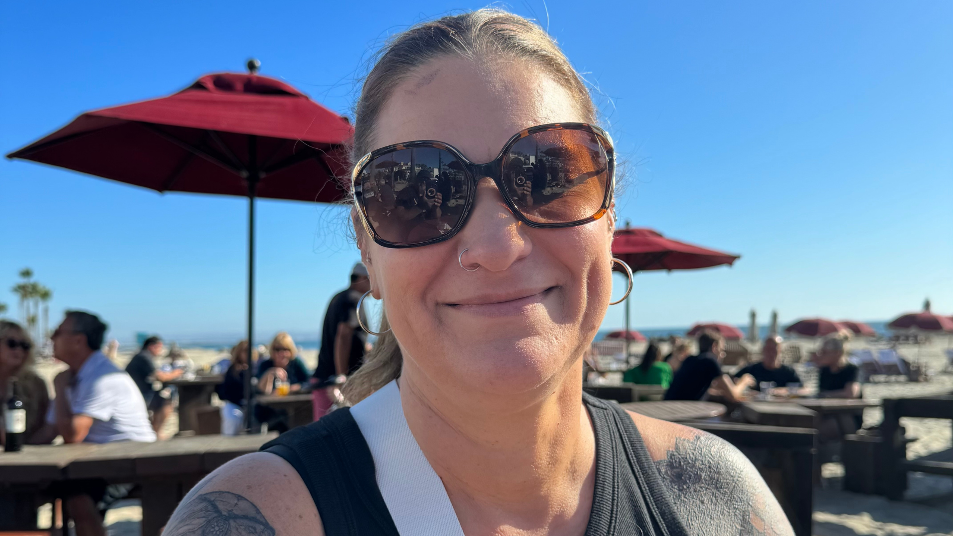 Noel Chapman, who started a travel business in her 50s, at a beach club in Coronado, California.