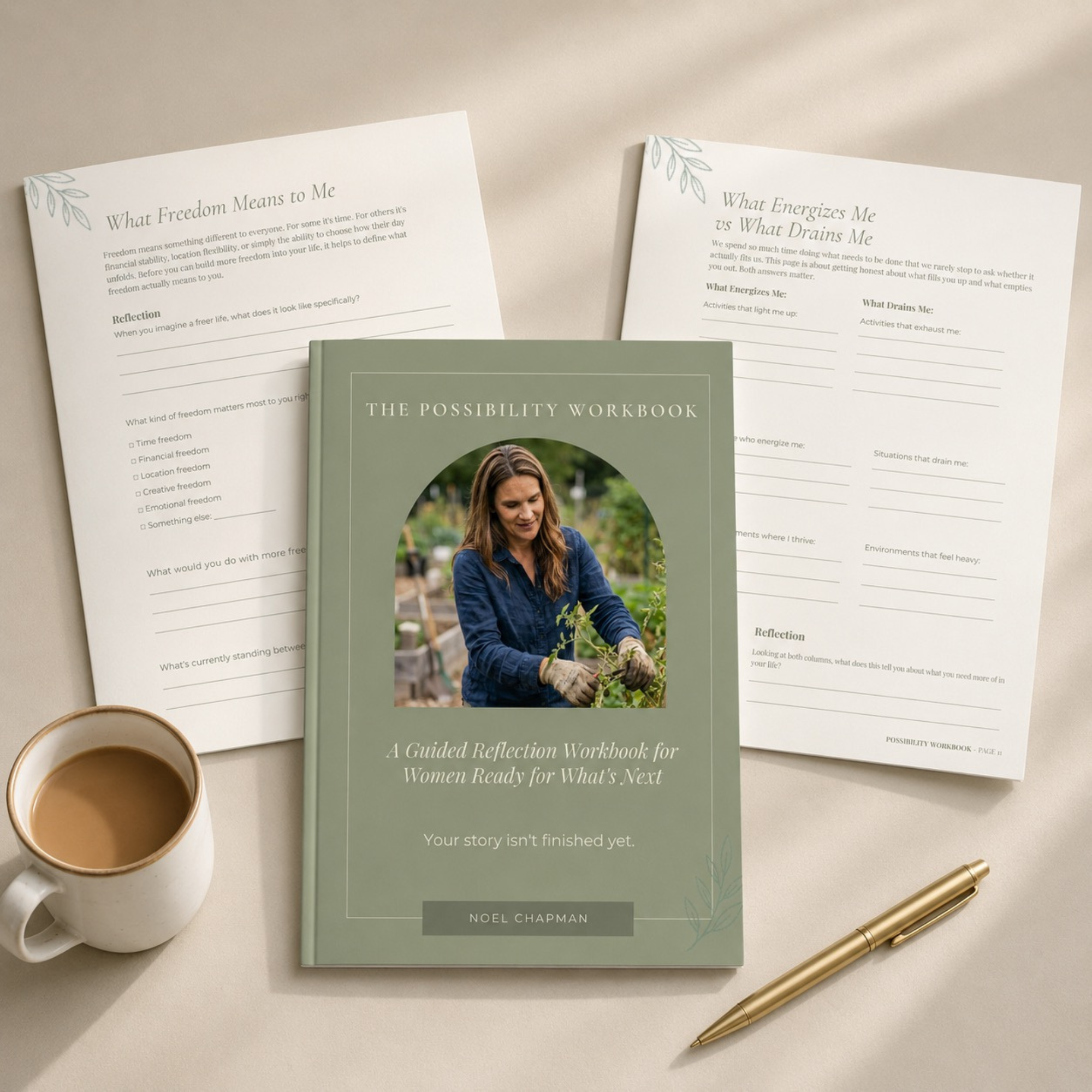 The Possibility Workbook Mockup - Mini Travel Adventures 4 Us The Possibility Workbook by Noel Chapman featuring the workbook cover and guided reflection pages for women exploring personal growth and life's next chapter.