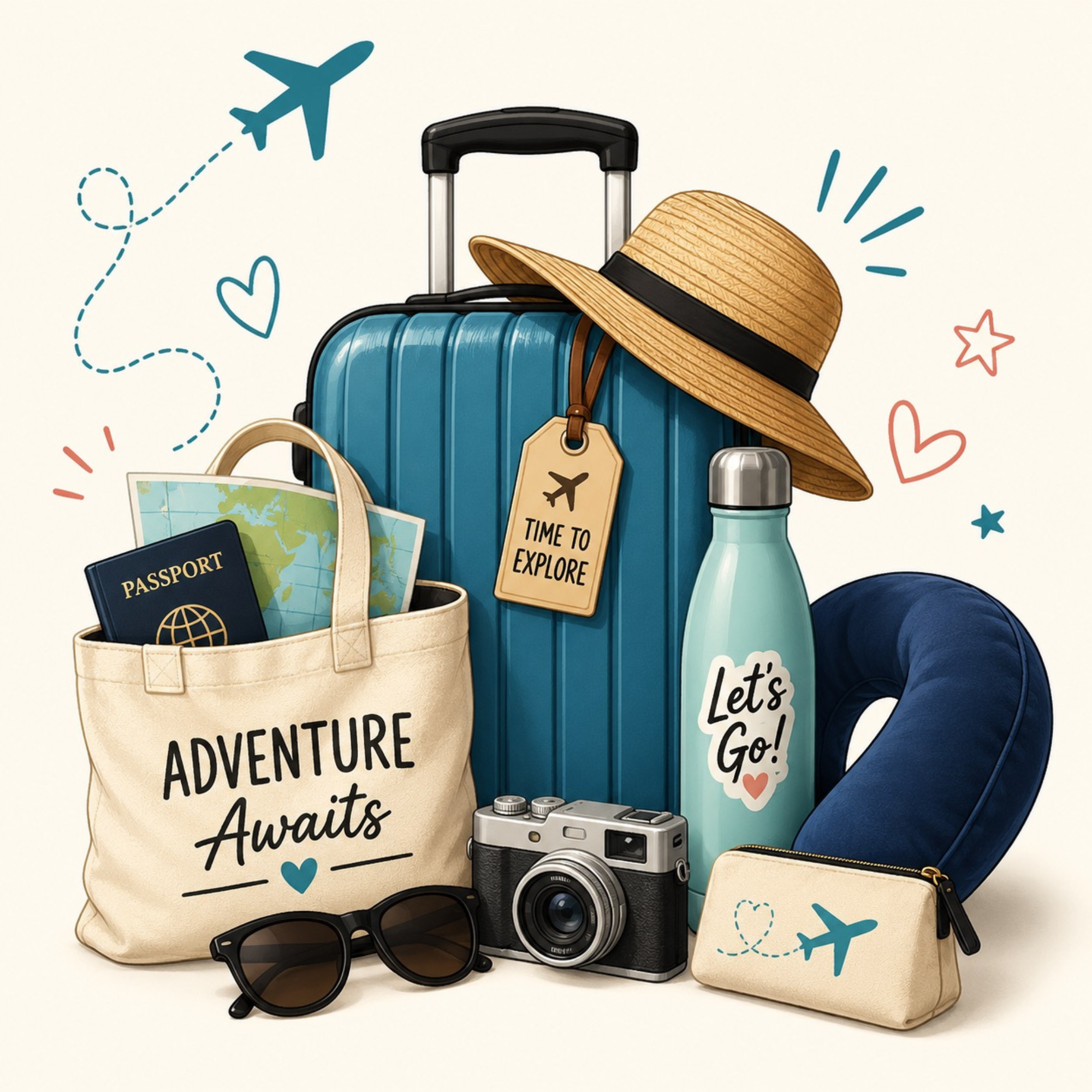 Travel essentials category graphic featuring travel gear and vacation accessories recommended by Mini Travel Adventures 4 Us.