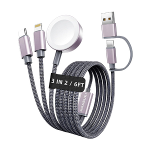 3-in-2 magnetic charging cable with USB-C, Lightning, and Apple Watch charger for travel