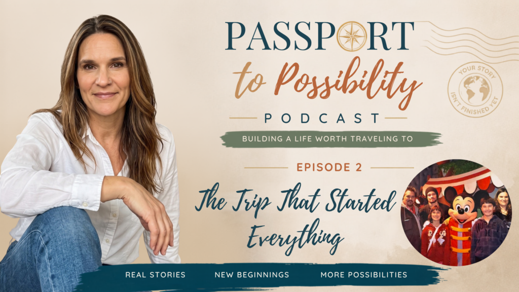 Portrait of a woman seated on the left against a beige background; large 'Passport to Possibility' podcast title with episode details and a round Disney photo at the lower-right.