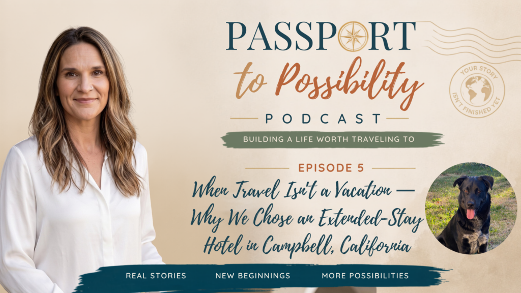 Portrait of a smiling woman in a white blouse on the left; beige podcast banner on the right reading'Passport to Possibility' with a circular dog photo in a green round frame on the far right.