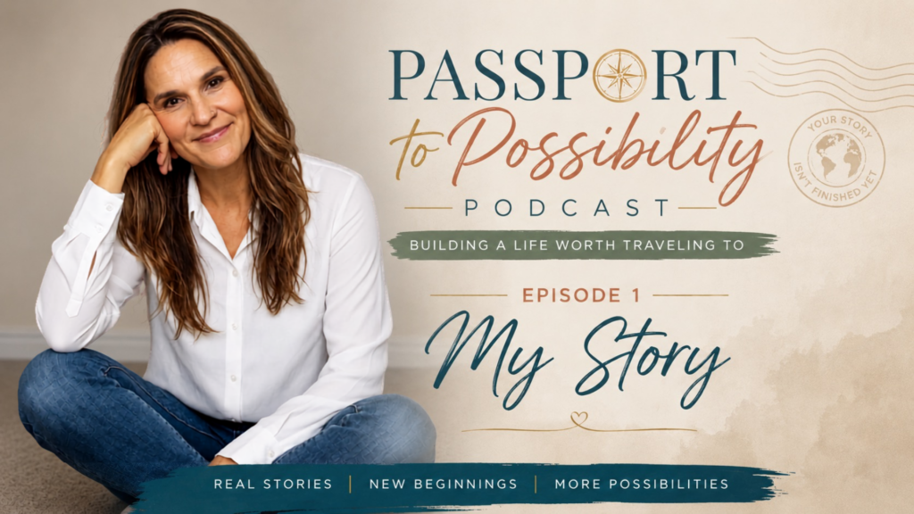 Woman seated on the floor beside a beige background, with the 'Passport to Possibility' podcast cover art displayed beside her.