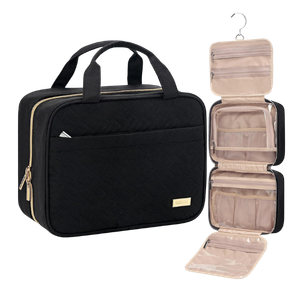 Black NISHEL hanging travel toiletry bag with multiple compartments for organizing toiletries while traveling