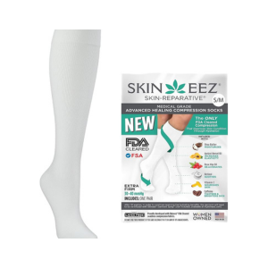 White Skineez medical-grade knee-high compression sock with 30–40 mmHg extra-firm compression