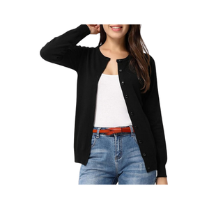 Black lightweight button-front cardigan for women, ideal for fall travel, flights, layering, and casual sightseeing.