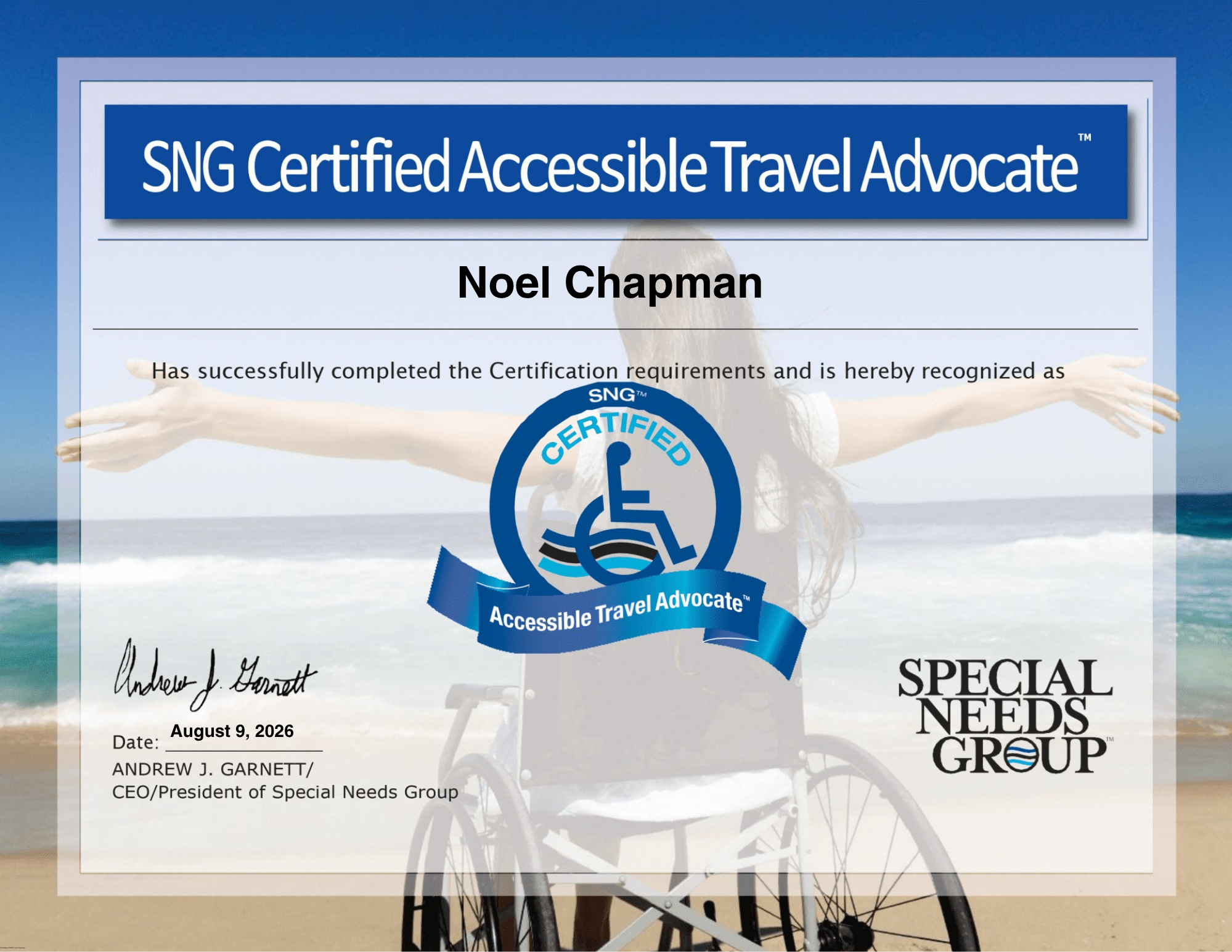 SNG Certified Accessible Travel Advocate certificate awarded to Noel Chapman