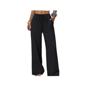 Black wide-leg drawstring travel pants for women with pockets, ideal for fall travel, flights, sightseeing, and casual outfits.