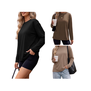 Black, Brown and Tan oversized long sleeve travel top for women, ideal for fall trips, flights, road trips, and casual sightseeing.