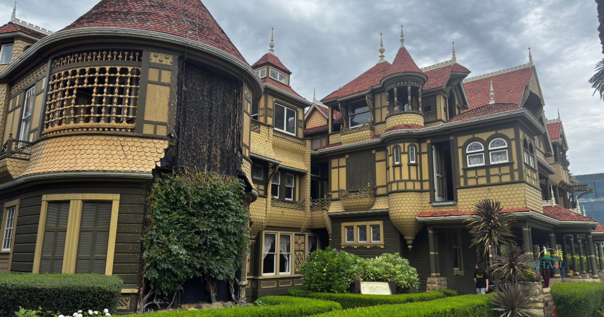 Exterior of Winchester Mystery House in San Jose, California.