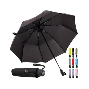 Black Gorilla Grip compact travel umbrella with carrying sleeve and wrist strap