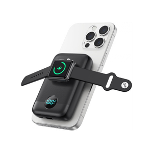 Black magnetic portable power bank charging an iPhone and Apple Watch while traveling