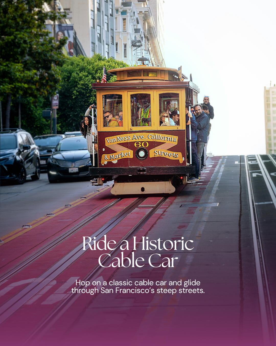 A cable car with riders on the streets of San Francisco.
