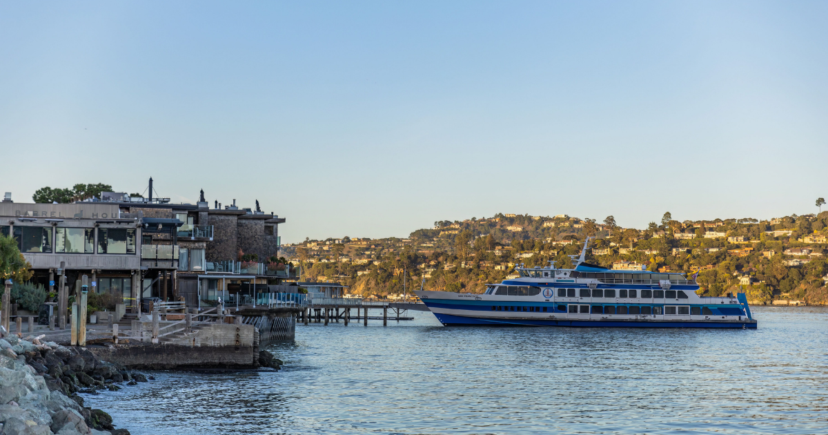 Ferry traveling across San Francisco Bay between Sausalito and San Francisco.