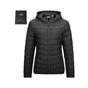 Black women’s lightweight packable puffer jacket with hood for fall travel and cool-weather trips